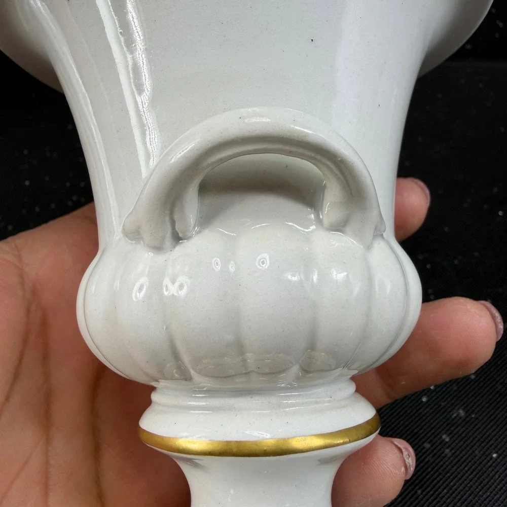 Mottahedeh Italy Porcelain Footed Urn Vase Bowl White Gold Trim Double Handle